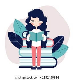 A girl stands and reads a book. Reading. Books. Vector illustration. Reading.