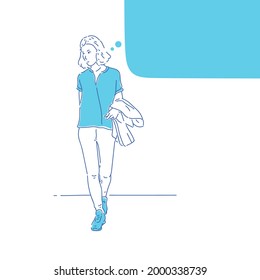 The girl stands and reflects. A young woman in modern clothes.