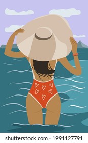 A girl stands in the sea and looks at the horizon, facing the sun. A cute woman in a red swimsuit and a big hat is about to swim. Cartoon vector illustration with seascape