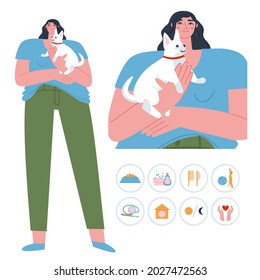 A girl stands with a small dog in her arms. Flat vector illustration