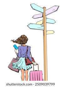 A girl stands with a suitcase and bag in front of a fork and a sign. Choosing the life path you will take. Options for new travel to other places. Pop Art Retro Vector Illustration Kitsch Vintage 50s