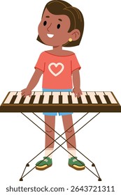 A girl stands at a synthesizer with a cheerful expression in a cartoon style. A young female musician plays an electronic keyboard with a smile. Cartoon vector illustration.