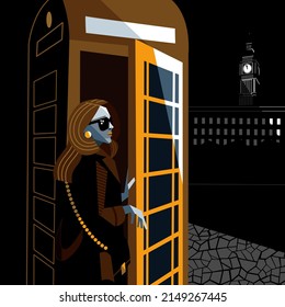 A girl stands at a telephone booth in London. Vector illustration.