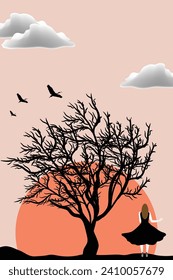 A girl stands under a leafless tree before a huge sun.