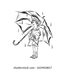 Girl Stands Under Umbrella In The Rain. Coloring Page. 