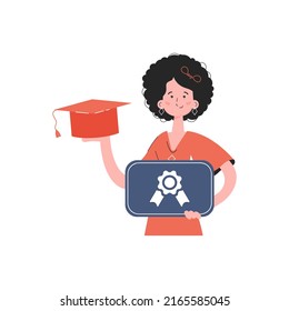 The girl stands waist-deep and holds a diploma. Isolated.. Element for presentations, sites. Vector illustration