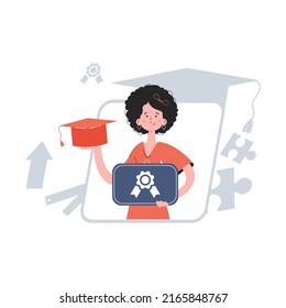 The girl stands waist-deep and holds a diploma. Education. Element for presentations, sites. Vector illustration