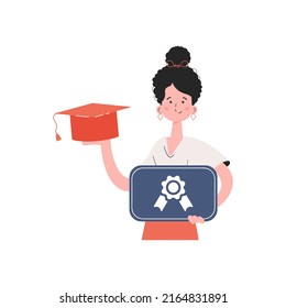 The girl stands waist-deep and holds a graduation cap. Isolated.. Element for presentations, sites. Vector illustration