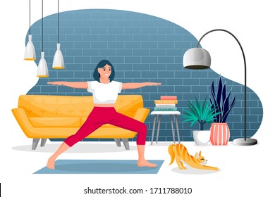 Girl stands in a warrior pose virabhadrasana. Home yoga exercise practice. Woman and red cute cat training in modern room. Vector characters illustration. Healthy lifestyle and relaxing time at home