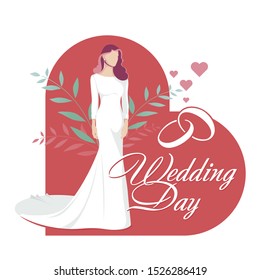 Girl stands in a wedding dress. Wedding card. Vector Illustration.