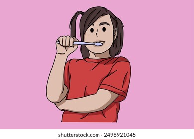 
Una niña se para mientras se cepilla los dientes. Higiene bucal infantil. Cepíllate los dientes. Imagen plana