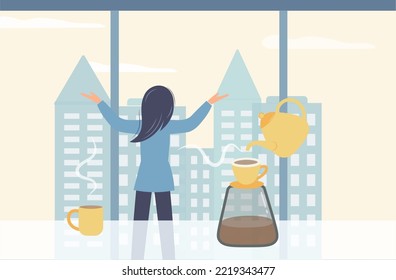 The girl stands at the window, looking at the silhouettes of houses. Woman and morning coffee or tea. Back view. Cozy interior with coffee brewing and the city outside the window. Vector, flat style