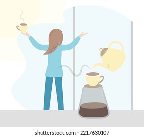 The girl stands at the window in the morning with a cup of coffee. The woman spread her arms, looks out the window. Cozy interior with brewing coffee on the table. Vector flat illustration in pastel.