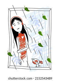 The Girl Stands At The Window Under The Falling Leaves And Rain And Listens To Music On Headphones. Vector Drawing.