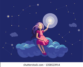 Girl with the star in the sky, cute vector illustration