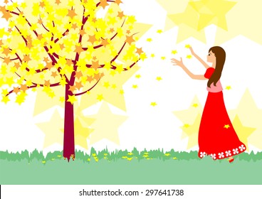 Girl and Star tree -Yellow fantasy Star tree with beautiful girl