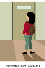 Girl stare at closed door