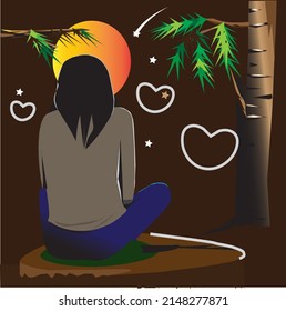 a girl stares at the golden moon

