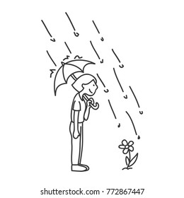 A Girl Staring at Flowers in the Rain