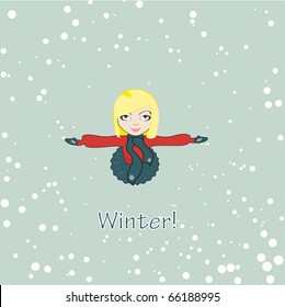 A girl staring at the snow falling
