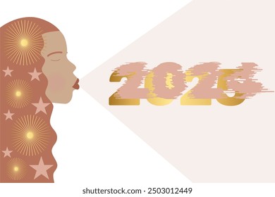 Girl with stars in her hair blowing the year 2024 making the year 2025 appear below.