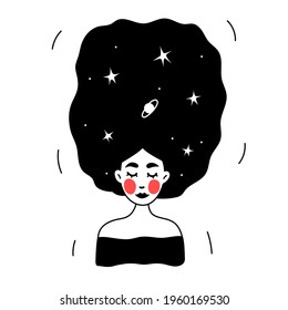 A girl with stars and planets in her hair. Black and white portrait of a girl. Red blush. Line and outline. Vector image. Clipart, print, tattoo.