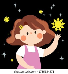 The girl with the stars.A cute little girl in a pink jumpsuit and white t-shirt collects yellow stars on a black 