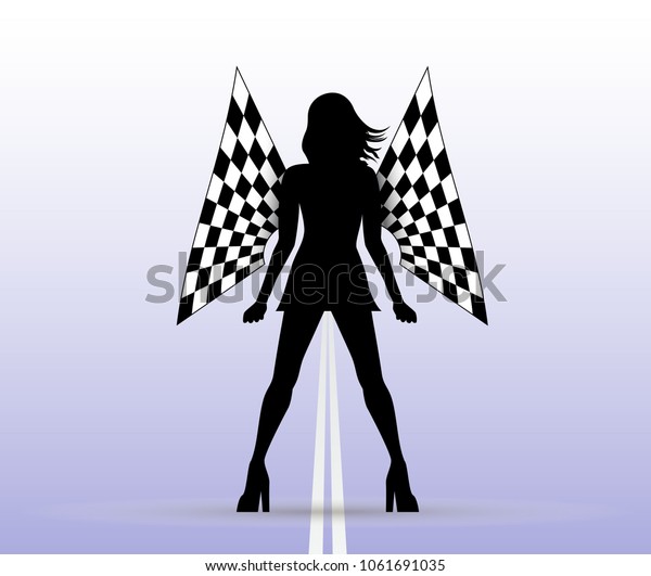 Girl with start and finish\
flags.