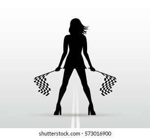 Girl With Start Flags. Auto Racing. Vector Black Silhouette.