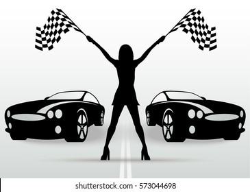 Girl With Start Flags And Racing Cars. Vector Black Silhouette. Auto Racing.