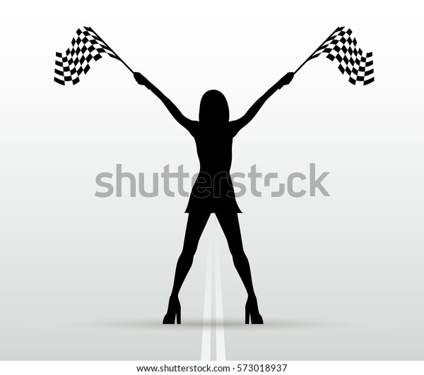 Girl with start flags. Vector black silhouette.\
Auto racing.