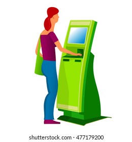 Girl with stationary payment terminal. Vector flat Illustration. Web graphics, banners, advertisements, brochures, business templates. Isolated on a white background.