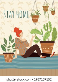 Girl stay at home and enjoying cozy interior of house garden with houseplants. Young woman relax in urban jungle with tropical potted plants. Colorful vector poster with lettering.