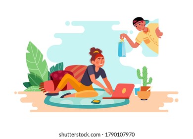 Girl stay at home, using home shipping service