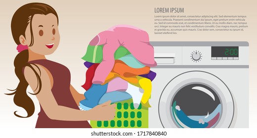 girl stay home and washing her cloth with washing machine with space to add text. Stay Safe At Home to Stop COVID-19 outbreak.