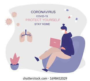 Girl Stay Home.Protect Yourself. Woman keeping Distance for Decrease Infection Risk For Prevent Virus Covid-19.
Stay Home on Quarantine During the Coronavirus Epidemic. Vector Illustration.
