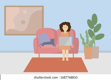 The girl stayed at home and works remotely. Sitting on the couch with your beloved cat. cares about health. concept of COVID-19 pandemic.
