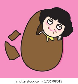 Girl Staying Inside A Huge Chocolate Easter Egg. Woman Eating Chocolate Concept Card Character Illustration