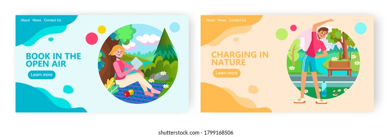 Girl staying outdoor and reading book. Stretching man exercies in a park. Leisure time concept illustration. Vector web site design template