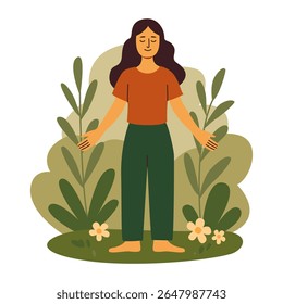 Girl stays barefoot on the grass. People in nature. Girl on a walk. Cottagecore lifestyle. Digital Detox. Harmony with nature vibe. Slow living, relaxing. Flat vector illustration