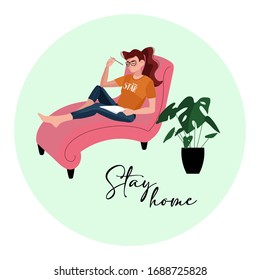 the girl stays at home during the quarantine period and writes a plan for the future or studies. Isolated vector