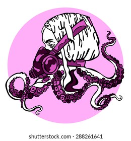 Girl. Steam-punk. Respiratory. Tentacles of an octopus. Vector illustration.