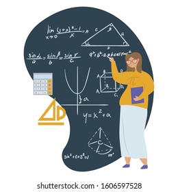 Girl in STEM flat vector illustration. E-learning, Girls in the exact sciences, gender equality and stereotypes, Stem education concept. Math girl on the background of a blackboard with formulas