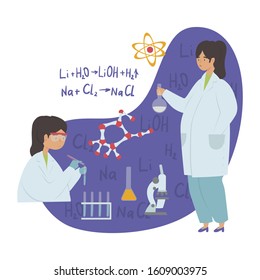 Girl in STEM flat vector illustration. E-learning, Girls in exact sciences, gender equality and stereotypes, Stem education concept. Girl is engaged in chemistry, flask, chemical formula, microscope