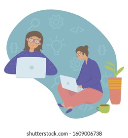 Girl in STEM flat vector illustration. E-learning, Girls in exact sciences, gender equality and stereotypes, Stem education concept. Girl programmer with a laptop, writing code, developing software