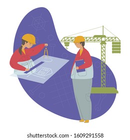 Girl in STEM flat vector illustration. E-learning, Girls in exact sciences, gender equality and stereotypes, Stem education concept. Architect girl draws a drawing using a compass and a ruler