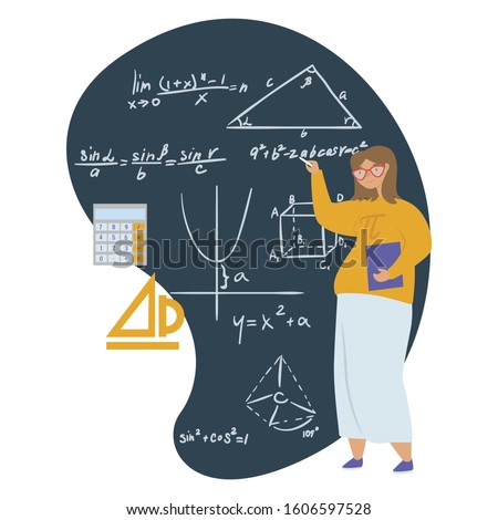 Girl in STEM flat vector illustration. E-learning, Girls in the exact sciences, gender equality and stereotypes, Stem education concept. Math girl on the background of a blackboard with formulas