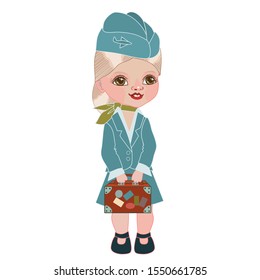 girl stewardess in a blue flight uniform stands and holds a small suitcase in her hands, color clip-art on a white isolated background