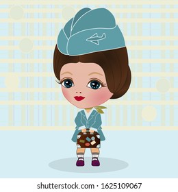 girl stewardess in a blue flight uniform stands and holds a small suitcase in her hand, color emoticon on a checkered background