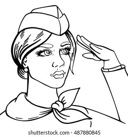 Girl stewardess drawn vector pop art style. Illustration can be used as a postcards, advertising, cover, booklet and etc.Business concept success. Profession uniform beauty. Coloring book.